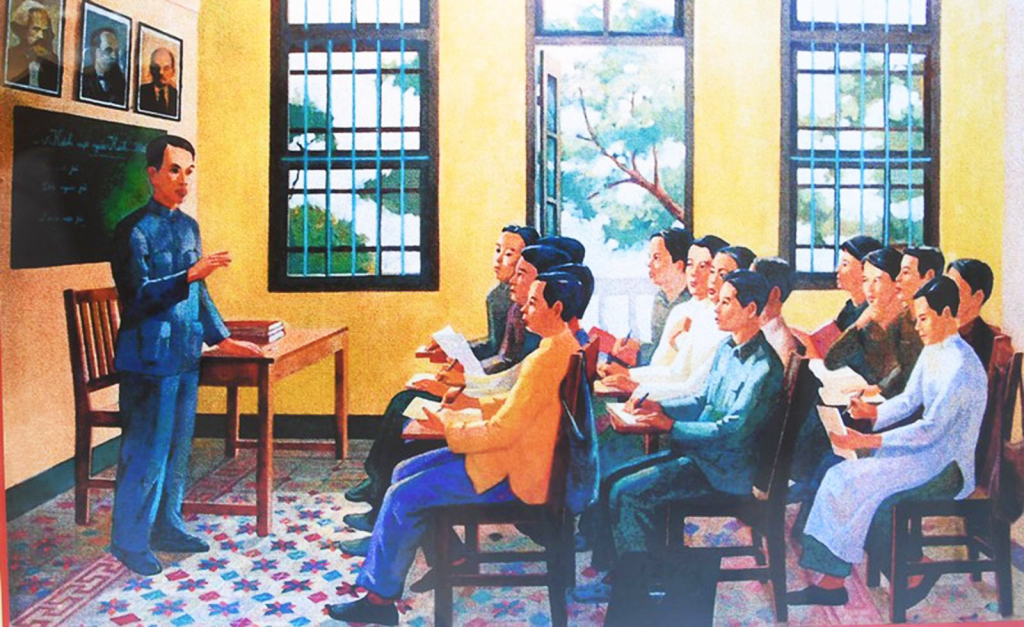 Lãnh tụ Nguyễn Ái Quốc đào tạo cán bộ cho cách mạng Việt Nam ở Quảng Châu, Trung Quốc (tranh tư liệu).