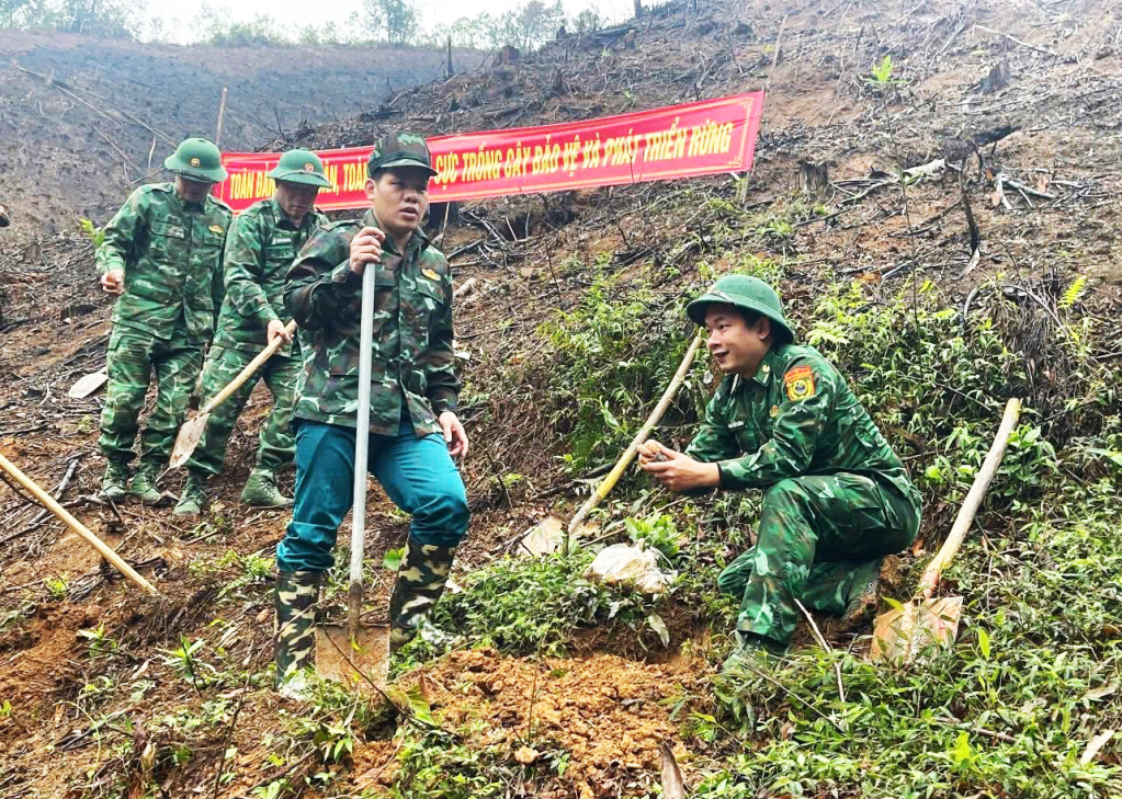 Cán bộ, chiến sĩ Đồn Biên phòng Cửa khẩu Sóc Giang ra quân Tết trồng cây năm 2026 trên tuyến biên giới.