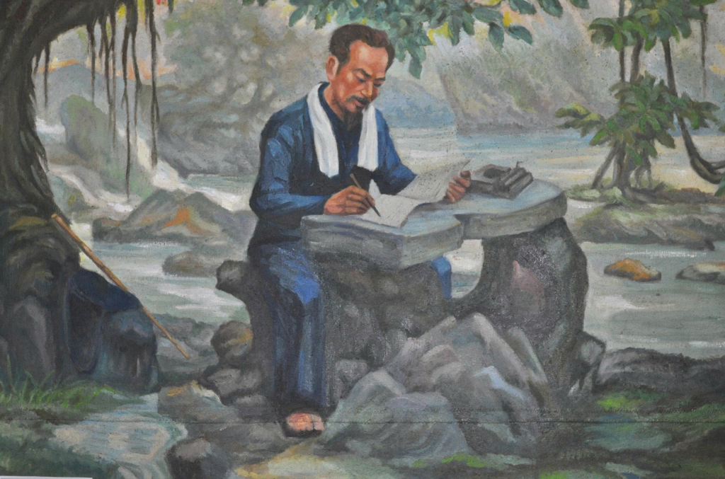 Bác Hồ làm việc tại Pắc Pó - Cao Bằng, tranh sơn dầu của họa sĩ Trịnh Phòng.