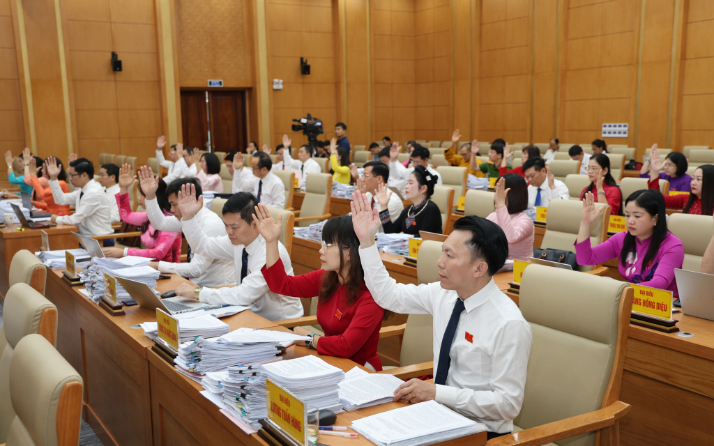 Các đại biểu HĐND tỉnh biểu quyết thông qua các nghị quyết tại kỳ họp.