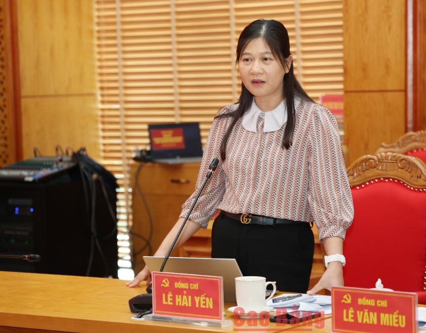 Đồng chí Lê Hải Yến, Ủy viên Ban Thường vụ, Trưởng Ban Tổ chức Tỉnh ủy phát biểu ý kiến tại cuộc họp.