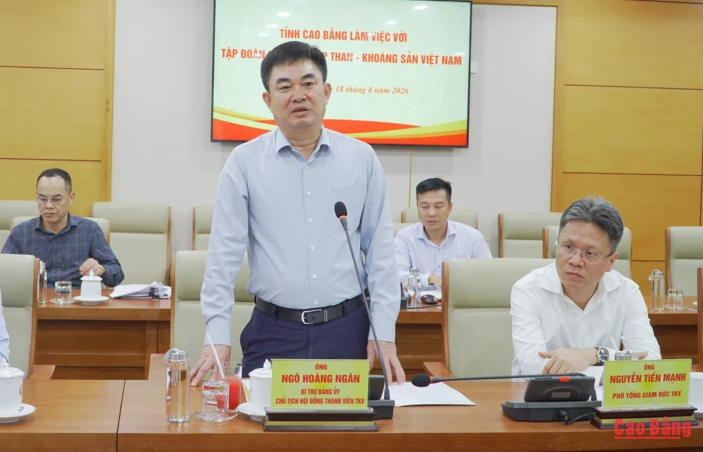 Ông Ngô Hoàng Ngân, Chủ tịch Hội đồng thành viên Tập đoàn công nghiệp Than - Khoáng sản Việt Nam phát biểu, trao đổi tại buổi làm việc.